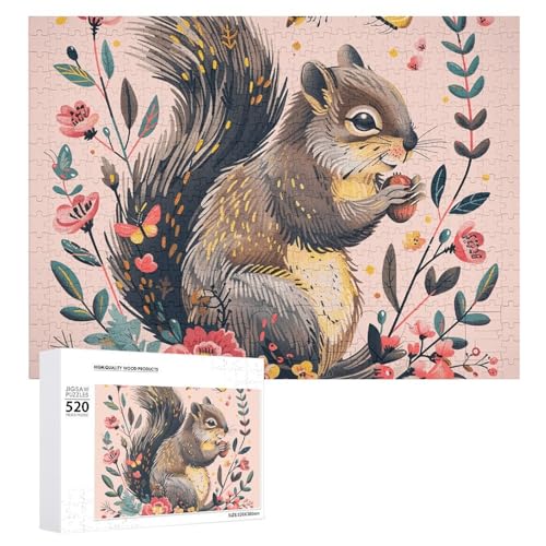 Puzzle für Erwachsene, 520 Teile, Eichhörnchen und Blumen, anspruchsvolles Puzzle, Holzpuzzle, perfekt für Spieleabende, fertige Puzzle-Größe: 50,5 x 38,1 cm von QWJKM