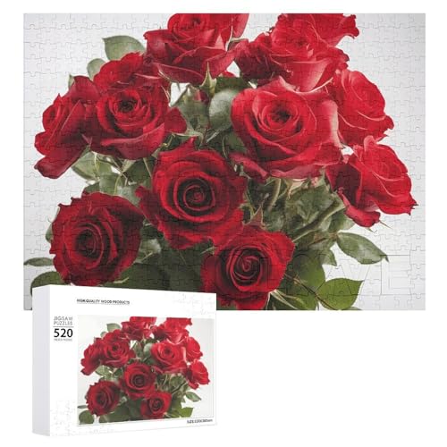 Puzzle für Erwachsene, 520 Teile, frische rote Rosen, anspruchsvolles Puzzle, Holzpuzzle, perfekt für Spieleabende, fertige Puzzle-Größe: 50,5 x 38,1 cm von QWJKM