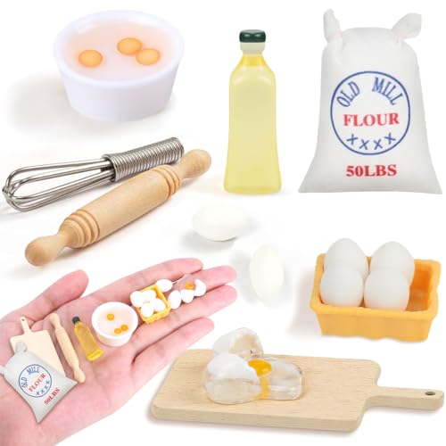 Miniatur Wichtel Zubehör, 1/12 Puppenhaus Mini Eier Nudelholz Mehlsack Schneebesen Ölflasche Backset, Küche Möbel Backen Weihnachten Deko von QXRXN