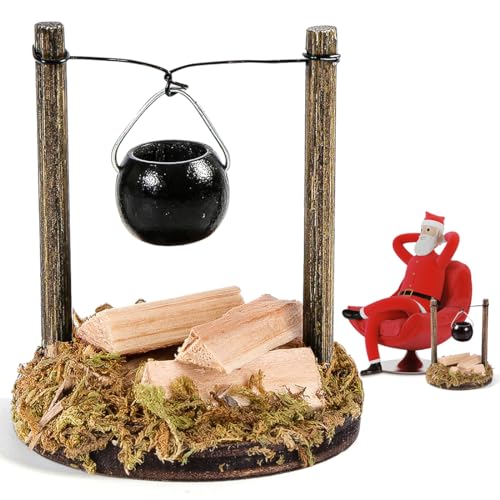 Miniatur Wichtel Zubehör Weihnachten, Wichtelzubehör 1/12 Wichteltür Zubehör Lagerfeuer Mini Kessel Brennholz Feuerstelle Kamin Miniatur Deko, Weihnachtswichtel Zubehör Lagerfeuer von QXRXN