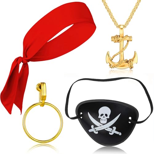 Piraten Accessoires Damen Kinder, 4Pcs Piratenkostüm Damen Accessoires mit Augenklappe Pirat, Bandana Pirat Rot Piratentuch, Piraten Ohrringe, Halskette Pirat für Halloween Fasching Kostüm Zubehör von QXRXN