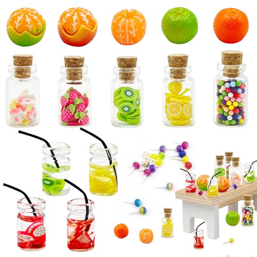 Wichtel Zubehör Weihnachten Deko, 1:12 Miniatur Puppenhaus Zubehör Essen und Trinken Miniatur Fruchtscheiben Süßigkeiten Glasflaschen Orangen Lutscher Mini Food, Miniatur Lebensmittel Spielzeug Set von QXRXN