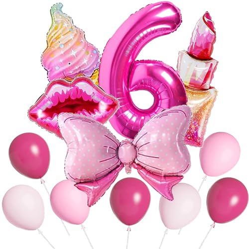 Rosa Luftballons, 35pcs Hot Pink Ballons Herz Lip Bow Lippenstift Eiscreme Nummer 6 Ballons für Mädchen Geburtstag Nummer Ballons Hot Pink Party Ballons von QY ManCang