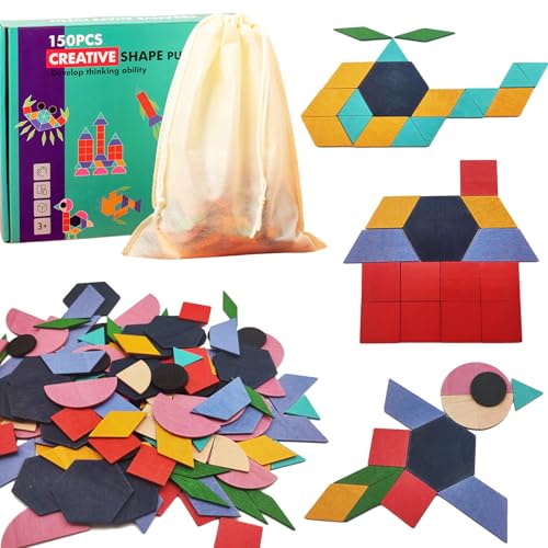 Tangram Kinder Holzpuzzles ab 3 Jahre, Montessori Spielzeug 150 Geometrische Formen Puzzle Blöcke mit 25 Doppelseitige Karten Pädagogisches Spielzeug Geschenk für 3 4 5 6 Jährige Mädchen Junge von QYDKWK