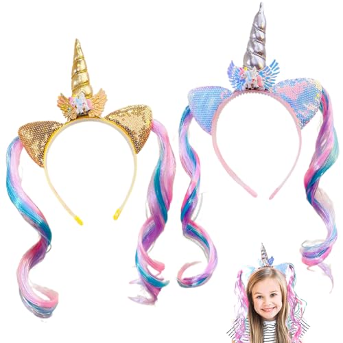 QYEHF 2 Stück Einhorn Haarreif, Bunt Einhorn Stirnband Perücke, Einhorn-Haarbänder, Unicorn Horn Stirnband mit Ohren, verwendet für Ostern, Geburtstage, Cosplay Kostüme von QYEHF