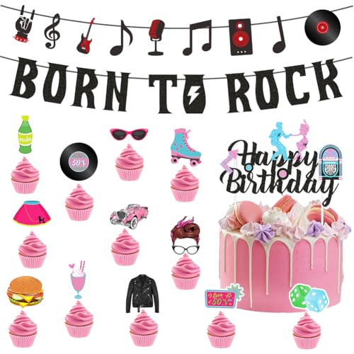 Musikalische Partydekoration,Musik Tortendeko Musiknoten Cupcake Topper,1950er Retro Rock Stil Party Dekoration, funkelndes Goldpulver, Flagge, Blume, Kuchen, Karteneinfügung von QYEHF