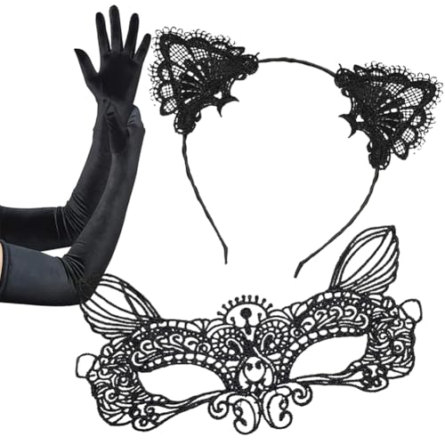 QYEHF Masken Kostüm,Haarband für Katzenhaare,Venezianische Maske Damen,Spitze Augenmaske,Katzenohren Haarreif Venezianische Maske Schwarz Katzenkostüm Catwoman Damen Halloween Karneval Accessoires von QYEHF