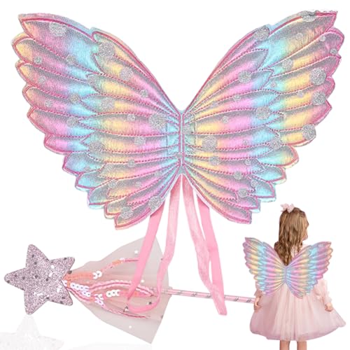 QYEHF Schmetterling Flügel Kostüm für Kinder,Schmetterling Kostüm Kinder, Feenflügel Kinder, Schmetterlings Flügel, Rosa Schmetterlings Elfen Fee Anzieh Sets,Feenstäbe, Maskerade-Party-Requisiten von QYEHF