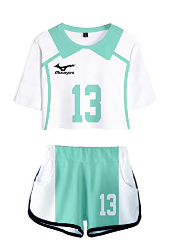 QYIFIRST Anime Aoba Johsai High School Aobajousai Kunimi Akira Volleyball Club Jersey Cheerleaders Midriff-Baring top Exposed Nabel Nr.13 Cosplay Kostüm Blau Damen S von QYIFIRST