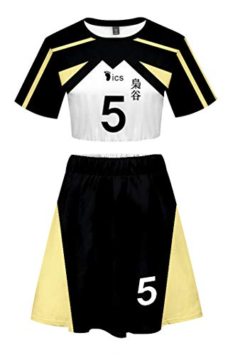 QYIFIRST Anime Fukurodani Academy Akaashi Keiji Volleyball Club Jersey Exposed Nabel T-Shirt Rock Set Suit Nr.5 Cheerleader Cosplay Kostüm Schwarz Damen L von QYIFIRST