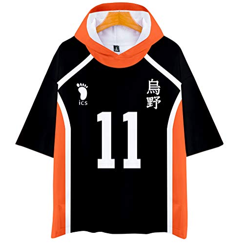 QYIFIRST Anime Karasuno High School Tsukishima Kei NO.11 3D Kurzarm Kapuzen T-Shirt Sweatshirt Top Bluse Hoodie Cosplay Kostüm Schwarz XXL (Chest 132cm) von QYIFIRST