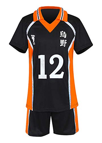 QYIFIRST Anime Karasuno Koukou High School Tsukishima Kei Jersey Set T-Shirt Shorts Suit NO.12 Cosplay Kostüm Schwarz S von QYIFIRST