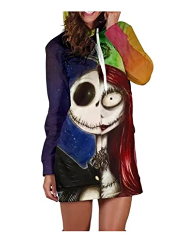 QYIFIRST Anime Pullover mit Kapuze Kapuzenkleid Nightmare Christmas Skellington Skeleton Pumpkin Streetwear Longsleeve Tops Casual Cosplay Kostüm Damen Blau XXL (Chest 120cm) von QYIFIRST