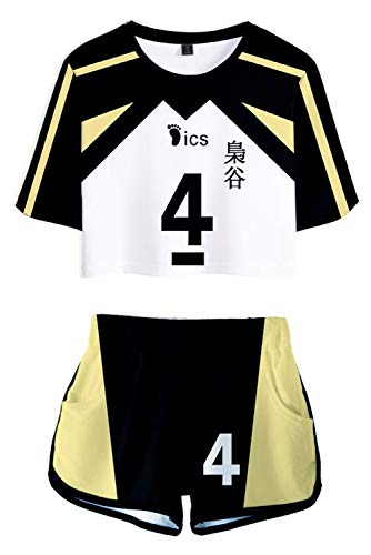 QYIFIRST Haikyuu Fukurodani Academy Bokuto Koutarou Volleyballverein Team Jersey Exposed Nabel T-Shirt Shorts Set Suit Sportswear Cheerleaders Nr.4 Cheerleader Cosplay Kostüm Schwarz Damen L von QYIFIRST