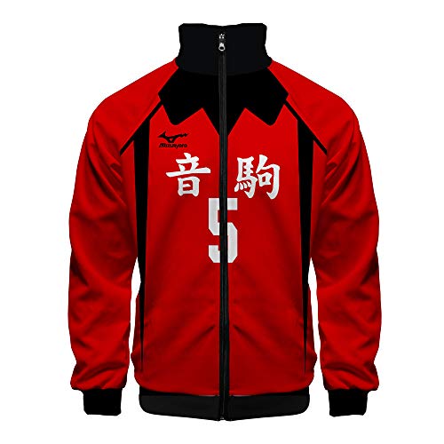 QYIFIRST Herren Damen 3D Druck Hoodie Nekoma High School Kozume Kenma NO.5 Sweatjacke Cardigan Ohne Kapuze mit Reißverschluss Stehkragen Cosplay Kostüm Rot S (Chest 104cm) von QYIFIRST