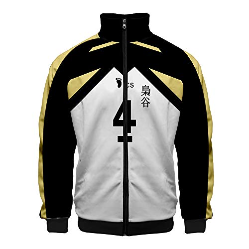 QYIFIRST Herren Damen Anime 3D Druck Fukurodani Academy Bokuto Koutarou NO.4 Hoodie Langarm Sweatshirt mit Reißverschluss Stehkragen Cosplay Kostüm Schwarz L (Chest 116cm) von QYIFIRST