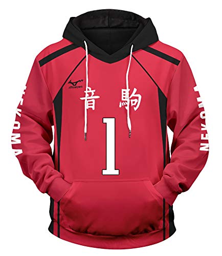 QYIFIRST Herren Damen Anime Kapuzenpullover Sweatshirt Nekoma High School Kuroo Tetsurou NO.1 Cosplay Kostüm Rot EU Size M von QYIFIRST