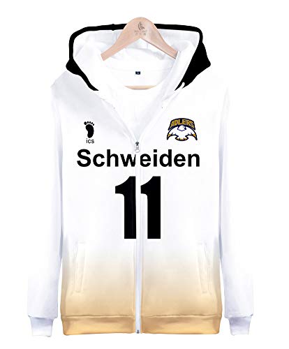 QYIFIRST Herren Damen Unisex 3D Druck Anime Kapuzenpullover Sweatshirt Schweiden Adlers Volleyball Club Wakatoshi Ushijima NO.11 Cosplay Kostüm Weiß S (Chest 98cm) von QYIFIRST