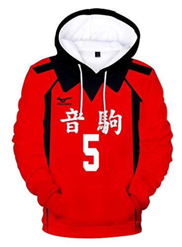 QYIFIRST Unisex 3D Druck Anime Kapuzen Hoodie Sweat Hoody Hoodie Nekoma High School Kozume Kenma No.5 Cosplay Kostüm Kinder Jungen Rot 150 (Chest 92cm) von QYIFIRST