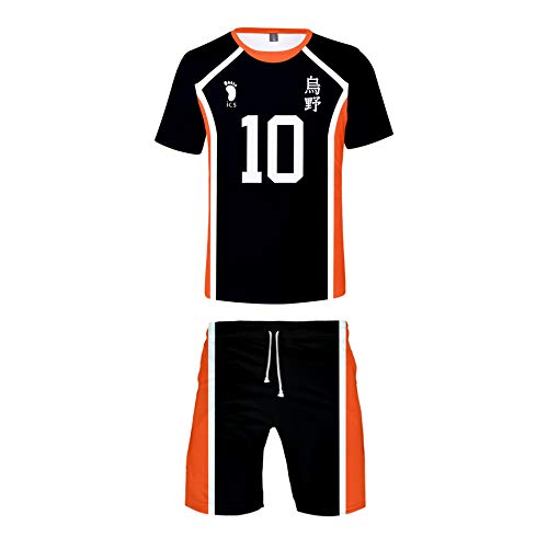 QYIFIRST Unisex 3D Druck Anime Kurzarm Hemd Kurze Hose Strandhose Jersey Set Karasuno High School Volleyball Club Hinata Shoyo No.10 Cosplay Kostüm für Herren Damen Schwarz 4XL(Chest 122cm) von QYIFIRST