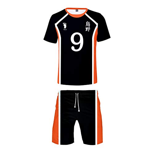 QYIFIRST Unisex 3D Druck Anime Kurzarm Hemd Kurze Hose Strandhose Jersey Set Karasuno High School Volleyball Club Kageyama Tobio No.9 Cosplay Kostüm für Herren Damen Schwarz 4XL(Chest 122cm) von QYIFIRST