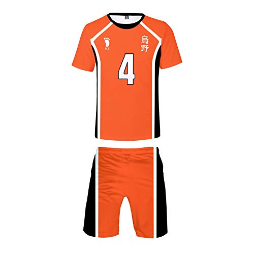 QYIFIRST Unisex 3D Druck Anime Kurzarm Hemd Kurze Hose Strandhose Jersey Set Karasuno High School Volleyball Club Nishinoya Yuu No.4 Cosplay Kostüm Orange XL (Chest 112cm) von QYIFIRST