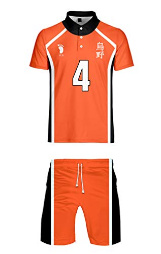 QYIFIRST Unisex 3D Druck Anime Polo Hemd Strandhose Shorts Jersey Set Karasuno High School Volleyball Club Nishinoya Yuu No.4 Cosplay Kostüm Orange M (Chest 100cm) von QYIFIRST