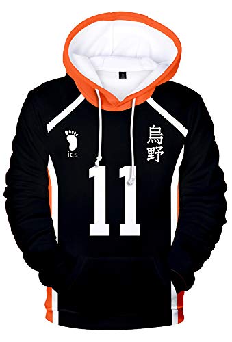 QYIFIRST Unisex 3D Druck Anime Pullover mit Kapuze Streetwear Karasuno Koukou High School Tsukishima Kei No 11 Cosplay Kostüm für Herren Damen Schwarz 4XL(Chest 122cm) von QYIFIRST