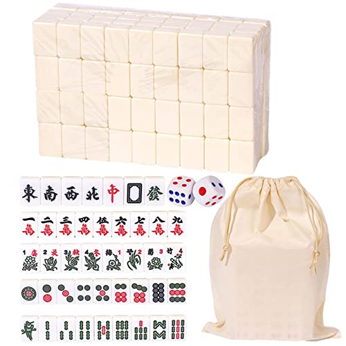 QZLNONTK Mini Chinese Mahjong Set, Traditional Chinese Board Game with 146 Melamine Resin Mahjong Tiles and Large Storage Bag, Portable Tabletop Game for Family Relaxation(White) von QZLNONTK