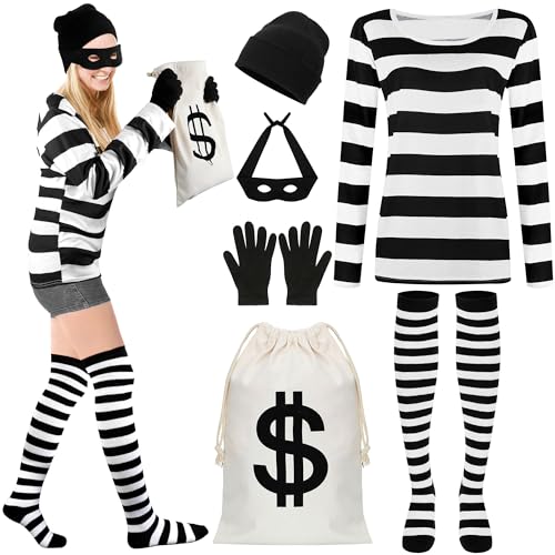 QZYL Halloween Frauen Räuber Kostüm Set, XXL Frauen Dieb Cosplay Gestreiftes Hemd Maske Handschuhe Beanie Cap Tasche für Halloween Dieb von QZYL