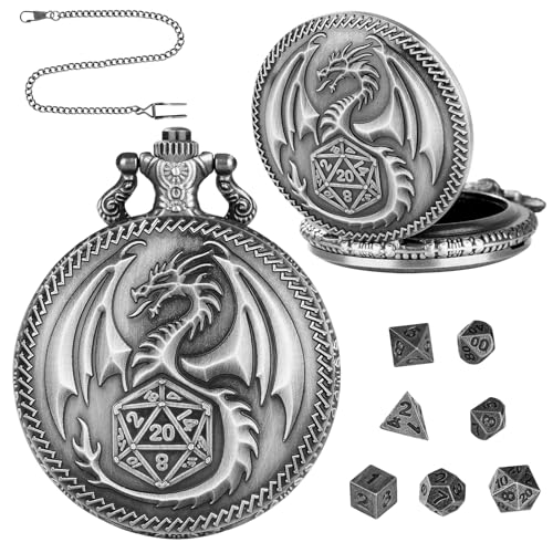 Qaestuan Mini DND Würfel Set, mit Steampunk Drachen Taschenuhrgehäuse, Winzige 7-teilige Polyedrische Metall D&D Würfel, Rollenspiel-Brettspielzubehör Würfel, für Rollenspiele, Brettspiele (Silber) von Qaestuan