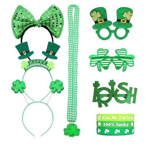 Qaonsciug Patricks Day Damen Kleeblatt-Stirnband mit Armreifen, Perlen, Halskette und Brille, Festival-Kostüm für Cosplay von Qaonsciug