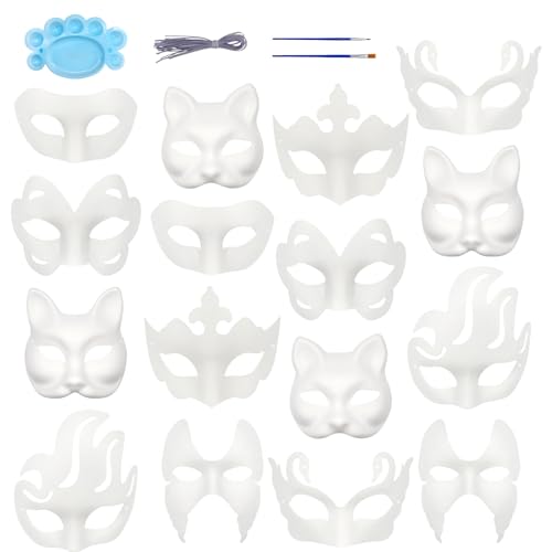 Qavctw 16 Stück DIY Maskerade Maske, bemalbare Papiermasken zum Basteln, DIY weiße Masken, unlackierte einfarbige Bastelmasken für Halloween, Weihnachten, Karneval, Party, Maske von Qavctw