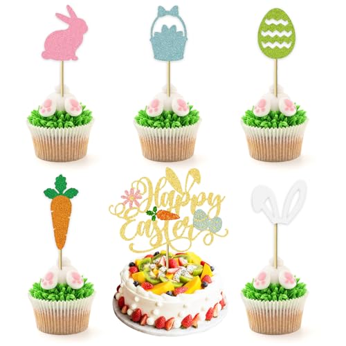 1 x Happy Easter Kuchenaufsatz und 12 x Oster-Cupcake-Topper, goldfarbener Glitzer, Oster-Kuchenaufsatz, Osterei-Hasen-Cupcake-Topper für Oster-Partys, Kuchendekorationen von Qaziuy