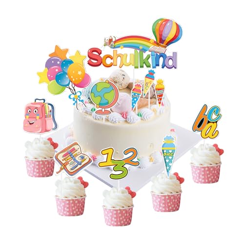 22 Stück Schulanfang Tortendeko,Schulkind Tortendeko Bunt Einschulung Kuchendeko Zuckertüte Kuchen Deko Muffin Topper für Mädchen Junge Schulanfang Party von Qaziuy