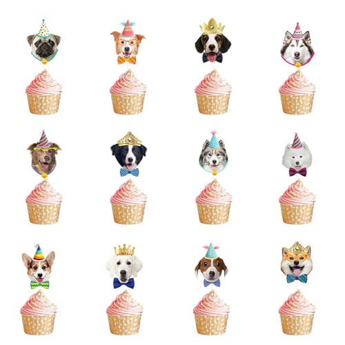 24 Stück Hunde Geburtstag,Hunde Cupcake Topper Hunde Muffin Deko Geburtstag, Hunde Cupcake Deko für Hunde Geburtstag Party Decorations Hunde Partyzubehör von Qaziuy