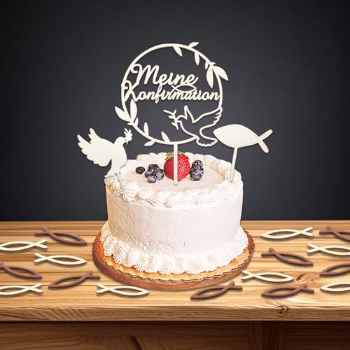 3 Stück Cake Topper Konfirmation & 72 Stück Holz Fische Streudeko Tischdeko, Tortendeko Konfirmation Fische Tischdeko Konfirmation, Konfirmation Kuchen deko Junge Mädchen von Qaziuy