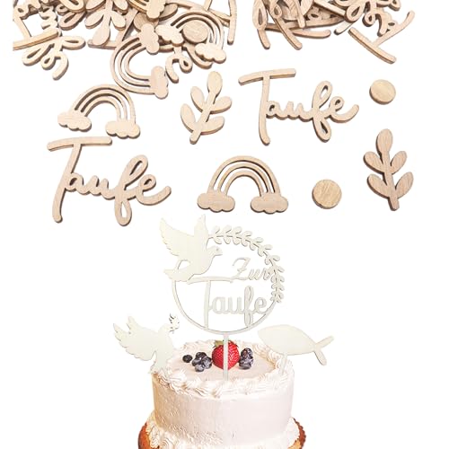 80 Stück Taufe Konfetti Holz & 3 Stück Cake Topper Taufe, Streudeko Taufe Deko Holz Tortendeko Taufe Tischdeko Taufe Mädchen Junge für Taufe Deko von Qaziuy