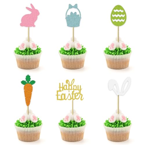 Oster-Cupcake-Topper, 24 Stück, Happy Easter Cake Topper Osterei Häschen Cupcake Toppers Ostern Kuchen Dekorationen für Frühling Ostern Party Supplies von Qaziuy