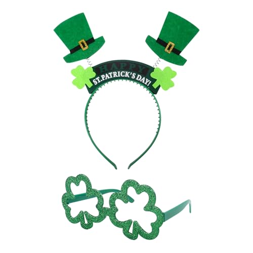 Qaziuy St. Patrick's Day Stirnband & irische Partybrille, grünes Kleeblatt, Haarband, Kleeblatt-Haarreifen, Kleeblatt-Brille, irisches Faschingskostüm, Patrick's Day Kostümzubehör für Erwachsene von Qaziuy