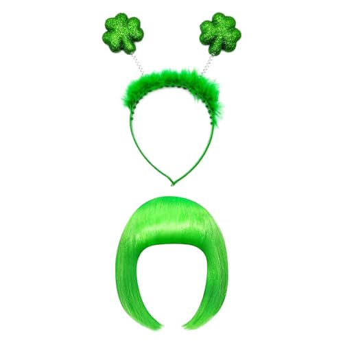 St. Patrick's Kostüm Set Grün Bob Perücke mit Kleeblatt Stirnband Irische Verkleidung Kostüm Cosplay Perücke für Damen und Herren für St. Patrick's Day Party Kostüm Zubehör von Qaziuy