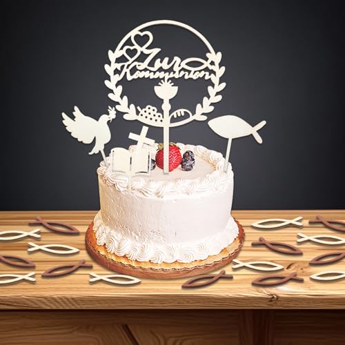 Tortendeko Kommunion,4 Stück Cake Topper Kommunion & 72 Stück Holz Fische Tischdeko Kommunion Kommunion Kuchen Deko Taube Fisch Torte Tortenstecker, Erstkommunion deko Junge Mädchen von Qaziuy