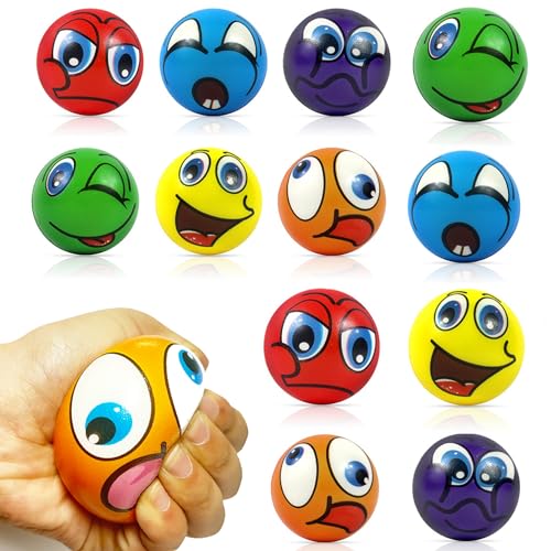 Qcdou 12 Stück Stressbälle, Anti StressBall, Knautschball, Knetball, Wutball für Kinder, Lustige Gesichter Softball, Gesicht Squeeze Bälle, Squishy Spielzeugball, Erwachsene Fingergymnastikball von Qcdou