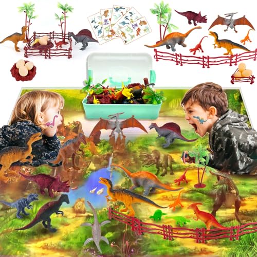 Qcdou 52 Stück Dinosaurier Spielzeug Set, 28 Stück Realistisches Dino Figuren, einschließlich T-Rex, Carnotaurus,Aufbewahrungsbox, 5 Stück Leucht Kinder Party Temporäre Tattoos Aufkleber Sticker von Qcdou