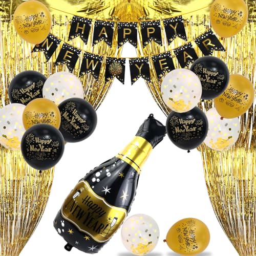 Qcdou Silvester Deko, Happy New Year Girlande, Neujahrsdeko, mit Champagnerflasche Folienballons, Glitzer Vorhang, Schwarz Gold Silvesterpartydeko Accessoir, Latexballons, Happy New Year Banner von Qcdou