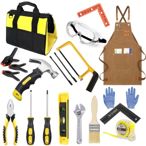 QeeHeng Kinder Werkzeug Set, Kinder Bauwerkzeug Spielzeug Set mit Echten Handwerkzeugen, 20 Stück Anfänger Holzbearbeitungswerkzeuge-Kit, werkzeugtasche&Hammer&handsäge, Geschenk für Jungen Mädchen von QeeHeng