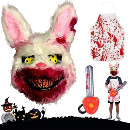 Bloody Bunny Maske,Horror Hasenmaske,Blutige Kaninchen Maske,Plüsch Bunny Maske,Wird mit einer aufblasbaren Kettensäge und einer kleinen Schürze geliefert,Halloween Cosplay Requisiten Für Erwachsene von Qeioauek