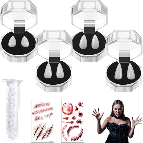 Qeioauek Vampirzähne,4 Größen Vampir Fangs Kit,Vampirzähne Gefälschte mit 1 Rohr Zähne Pellets Klebstoff,2 Halloween Tattoo,Halloween Vampirzähne Gebiss Fangs für Cosplay Party Requisiten von Qeioauek