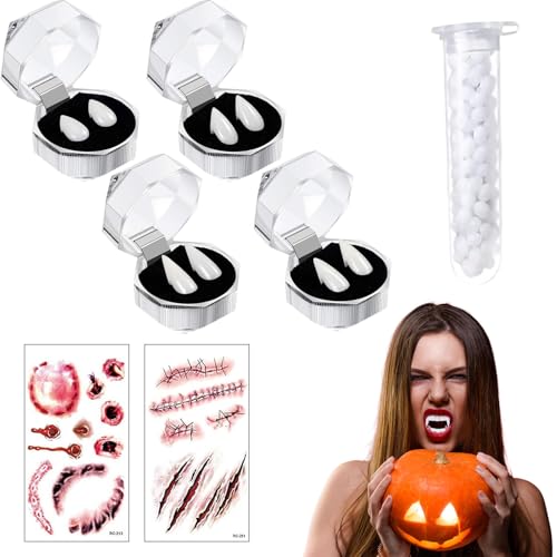 Qeioauek Vampirzähne,4 Paar Vampir Zähne Kit,Vampire Fangs mit 1 Rohr Zähne Pellets Klebstoff,2 Bögen Halloween Tattoo,Halloween Vampirzähne Gebiss Fangs für Cosplay,Requisiten,Halloween, Dämon, Hexe von Qeioauek