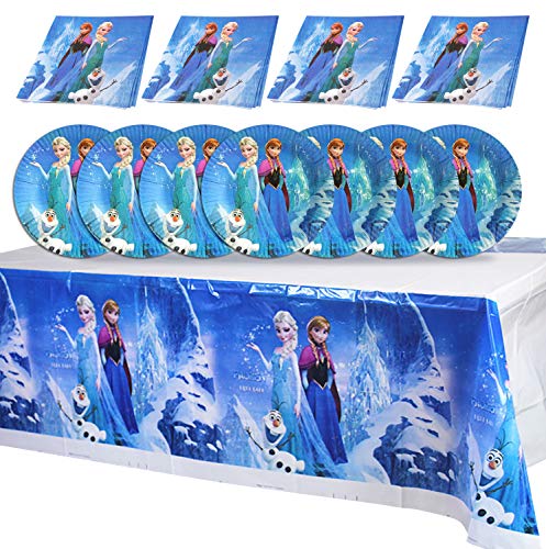 Qemsele Partygeschirr kindergeburtstag Set für Kinder, 1 Tischdecke Plastik + 20 Hochwertige Pappteller und 20 Servietten Party Set Partydekoration für den Kindergeburstag Thema Karneval (Frozen) von Qemsele